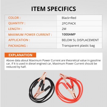 Auxmart Battery Jump Cable 200cm Heavy Duty 1000AMP Emergency Power Charging Jump Start Leads Car Van Battery Booster Cable