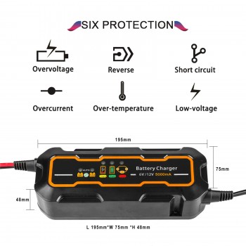 12V/6V 5A Smart Car Battery Charger Automatic Recognition Portable Battery Quick Charger For Auto Motorcycle Lead Acid Batteries
