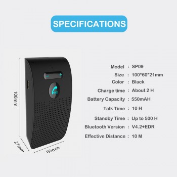 Bluetooth 4.2 Receiver Handsfree Car Kit Sun Visor Clip 2W Hifi Speakers Dual MiC Noise Cancelling Support Siri voice Control