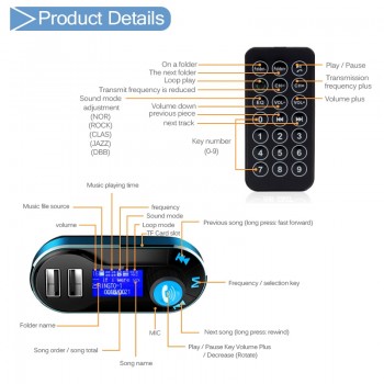 Onever Bluetooth Handsfree Car Kit Wireless Bluetooth FM Transmitter MP3 Player Car Charger For iPhone Samsung Smart Phone