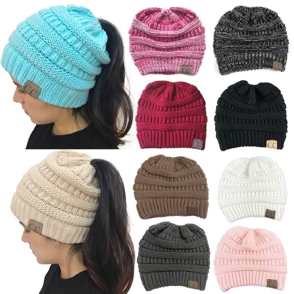 Winter Cap Women Knitted Hat Unisex Folds Ponytail Beanie Hat 10 Color Outdoor Wool cap Girls Caps Warm Hat Elasticity 55-60CM