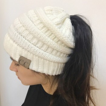 Winter Cap Women Knitted Hat Unisex Folds Ponytail Beanie Hat 10 Color Outdoor Wool cap Girls Caps Warm Hat Elasticity 55-60CM