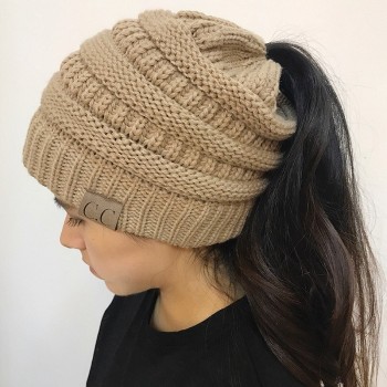 Winter Cap Women Knitted Hat Unisex Folds Ponytail Beanie Hat 10 Color Outdoor Wool cap Girls Caps Warm Hat Elasticity 55-60CM