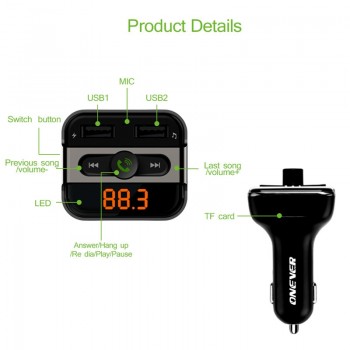 Onever 2017 Bluetooth V2.1 Car Kit Music Player FM Transmitter Hands-free Wireless Call Modulator 3.4A Dual USB Charger TF Slot