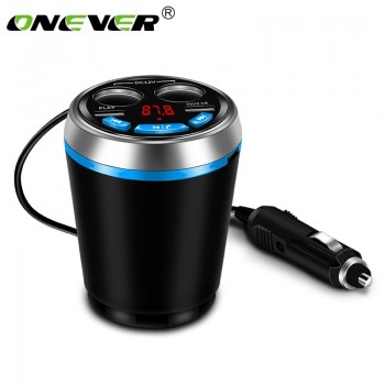 Onever Car Bluetooth FM Transmitter Music MP3 Player Hands Free Car Kit Cup Holder Cigarette Lighter 2 USB Car Charger Adapter