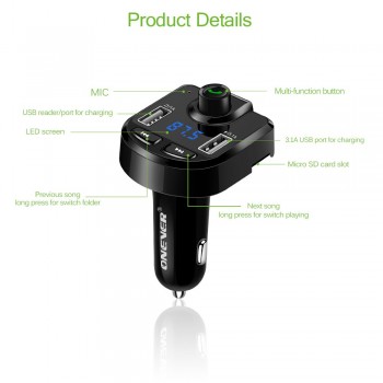 Onever FM Transmitter Wireless Bluetooth MP3 Player Support TF USB Disk Car 3.1A Dual USB Charger for iPhone GPS FM Modulator