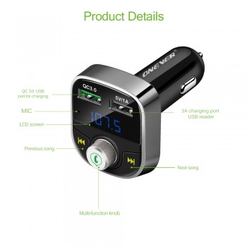 Onever Bluetooth FM Transmitter Quick Charger 3.0 Car MP3 Audio Music Player Dual USB Radio Modulator Car Kit HandsFree FLAC/APE