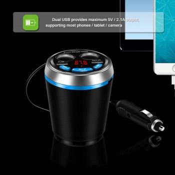 Onever Car Bluetooth FM Transmitter Music MP3 Player Hands Free Car Kit Cup Holder Cigarette Lighter 2 USB Car Charger Adapter