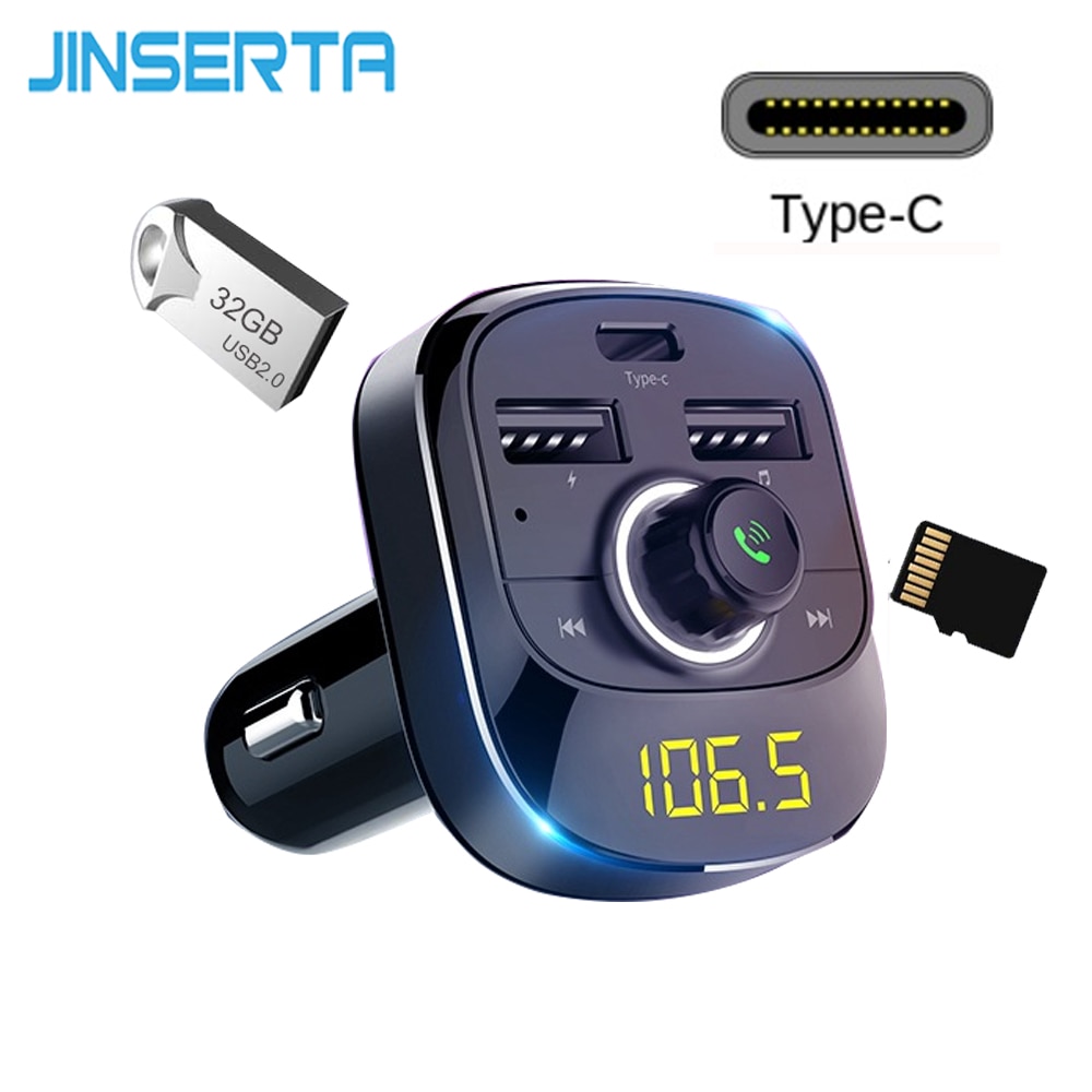 JINSERTA 12V-24V Car MP3 Audio Player Bluetooth FM Transmitter HandsFree Type-C Quick Charger TF USB Drive Music Play