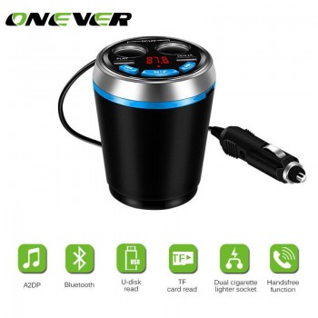 Onever Bluetooth FM Transmitter Car Music MP3 Player Hands Free Car Kit Cup Holder Cigarette Lighter USB Power Adapter Splitter