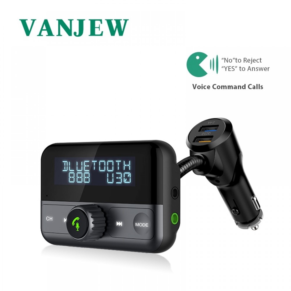 VANJEW BT75S 1.8 Display Screen QC3.0 Fasting Car Charge FM Transmitter Car Bluetooth Handsfree Car Kit Aux Wireless Audio Play