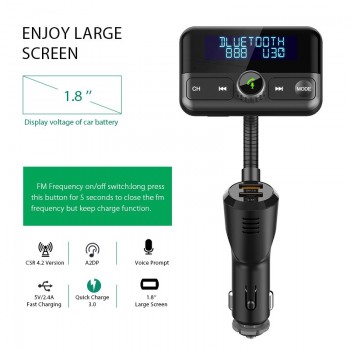 VANJEW BT75S 1.8 Display Screen QC3.0 Fasting Car Charge FM Transmitter Car Bluetooth Handsfree Car Kit Aux Wireless Audio Play