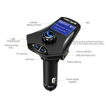 ONEVER Multifunction Bluetooth Car FM Transmitter Modulato MP3 Player Support U Disk/TF Card 2.1A AUX IN/OUT Dual USB Charger