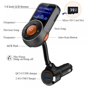 Bluetooth FM Transmitter 1.4 LCD Screen Handsfree Car Kit Auto Scan FM Frequency With TF Card Slot Aux Port  Car MP3 Player