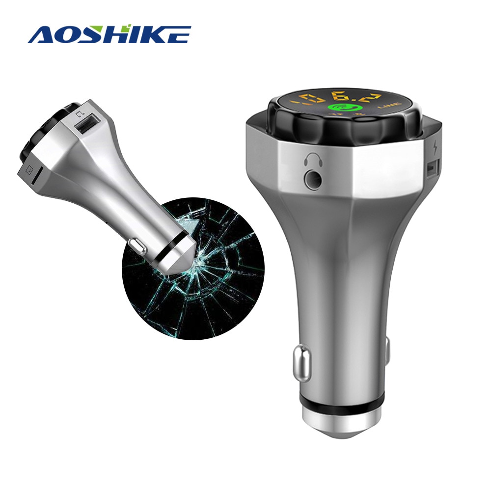 AOSHIKE Car Bluetooth Aux Kit with MIC Handsfree Wireless FM Transmitters MP3 Player Auto USB Charger Adapter Emergency Hammer