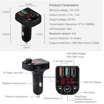JINSERTA Car Bluetooth FM Transmitter 3 USB Ports Charger 3.1A FM Modulator MP3 Player Car Handsfree support TF USB music play