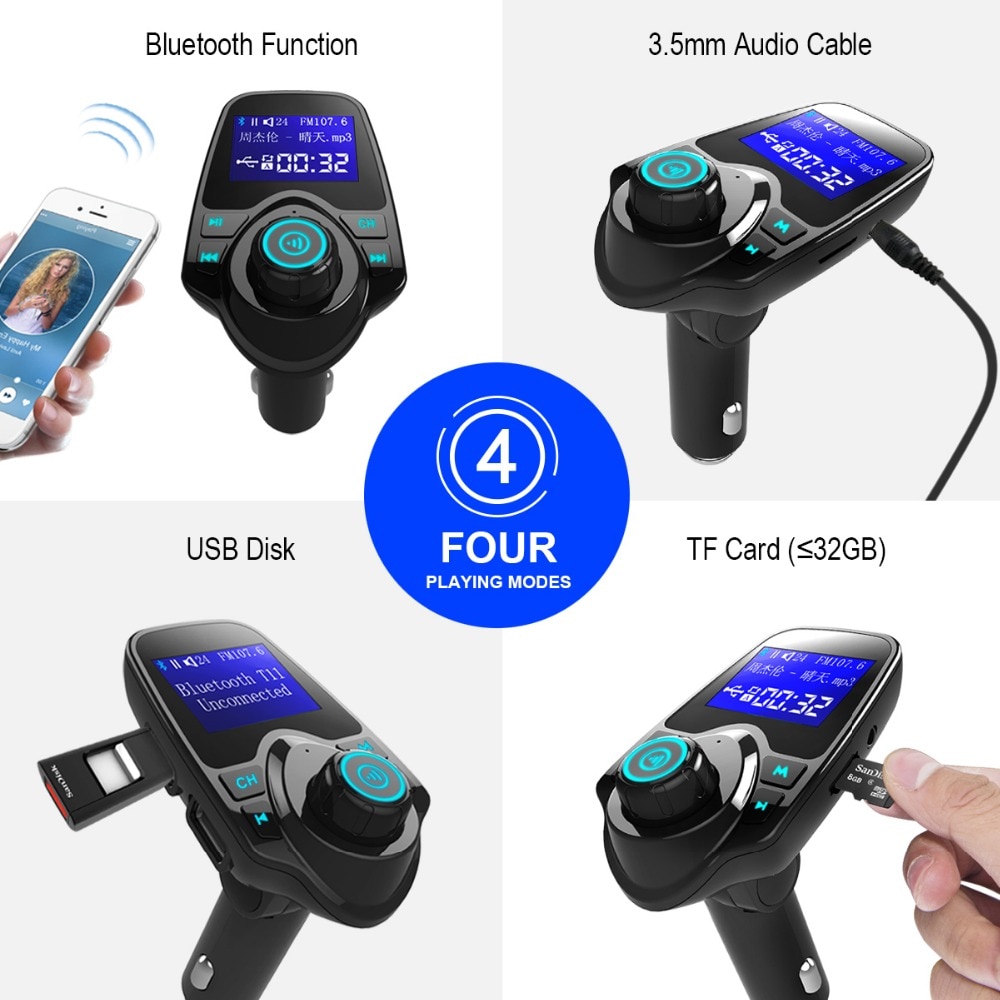 Siparnuo Car FM Transmitter Bluetooth Wireless Car Mp3 Player Handsfree Car Kit FM Transmitter A2DP 5V 2.1A