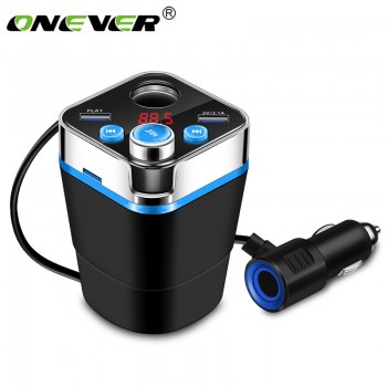 Onever Bluetooth FM transmitter Car Kit with Cup Holder Dual Cigarette Lighter Socket Dual USB Charger Power Adapter Splitter