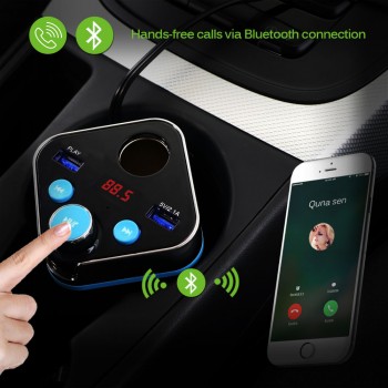 Onever Bluetooth FM transmitter Car Kit with Cup Holder Dual Cigarette Lighter Socket Dual USB Charger Power Adapter Splitter
