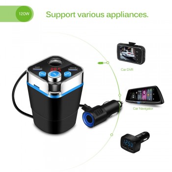 Onever Bluetooth FM transmitter Car Kit with Cup Holder Dual Cigarette Lighter Socket Dual USB Charger Power Adapter Splitter