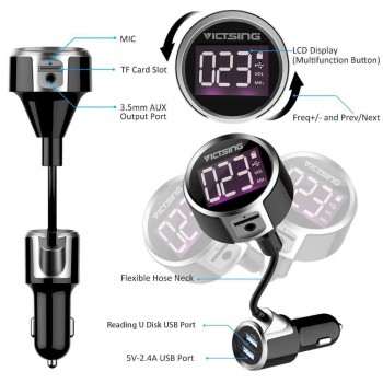 VicTsing V4.2 Bluetooth FM Transmitter for Car Wireless Car Stereo Radio with Dual USB Aux Output TF Card U-Disk Hand-Free 3.5mm