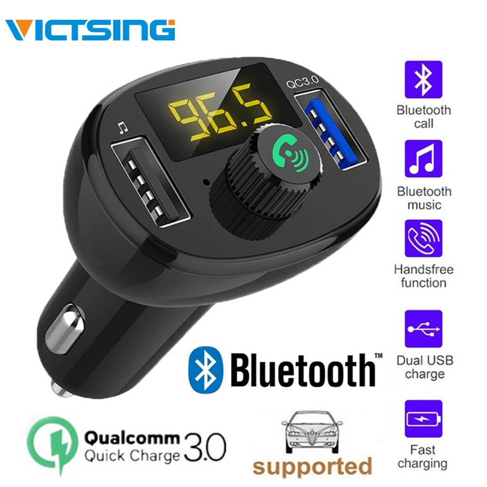 VicTsing Wireless Bluetooth Car FM Transmitter Radio Hands-Free Car Kit Double USB Charger Fast Charging Module Black 5V/3A