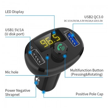 VicTsing Wireless Bluetooth Car FM Transmitter Radio Hands-Free Car Kit Double USB Charger Fast Charging Module Black 5V/3A