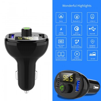VicTsing Wireless Bluetooth Car FM Transmitter Radio Hands-Free Car Kit Double USB Charger Fast Charging Module Black 5V/3A