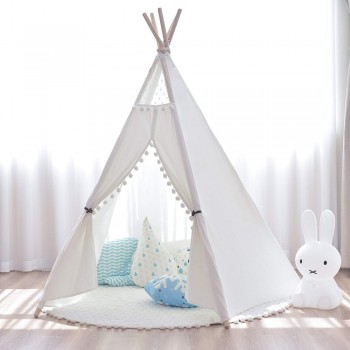 Large Unbleached Canvas Original Teepee Kids Teepee with Grey Pom Poms Indian Play Tent House Children Tipi Tee Pee Tent NO MAT