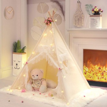 Large Unbleached Canvas Original Teepee Kids Teepee with Grey Pom Poms Indian Play Tent House Children Tipi Tee Pee Tent NO MAT