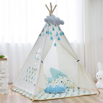 Large Unbleached Canvas Original Teepee Kids Teepee with Grey Pom Poms Indian Play Tent House Children Tipi Tee Pee Tent NO MAT