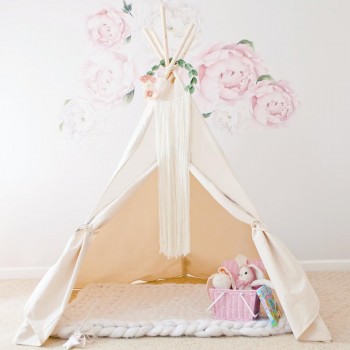 Large Unbleached Canvas Original Teepee Kids Teepee with Grey Pom Poms Indian Play Tent House Children Tipi Tee Pee Tent NO MAT