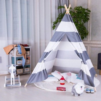 Large Unbleached Canvas Original Teepee Kids Teepee with Grey Pom Poms Indian Play Tent House Children Tipi Tee Pee Tent NO MAT