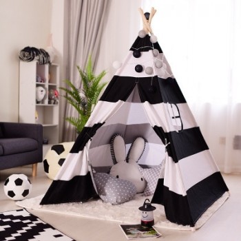 Large Unbleached Canvas Original Teepee Kids Teepee with Grey Pom Poms Indian Play Tent House Children Tipi Tee Pee Tent NO MAT