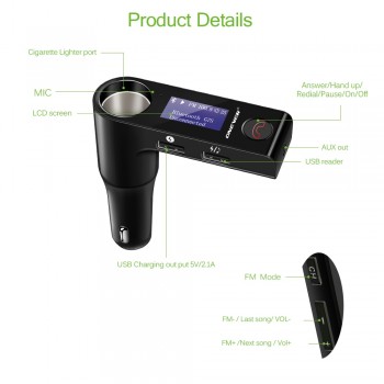 Onever Car FM Transmitter Hands-free Kit Cigarette Lighter Port Wireless FM Modulator Rotating Screen Bluetooth Car MP3 Player