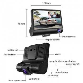 170 Degree 1080P HD 3 Lens Car DVR Dash Cam G-sensor Recorder + Rearview Camera Car Styling