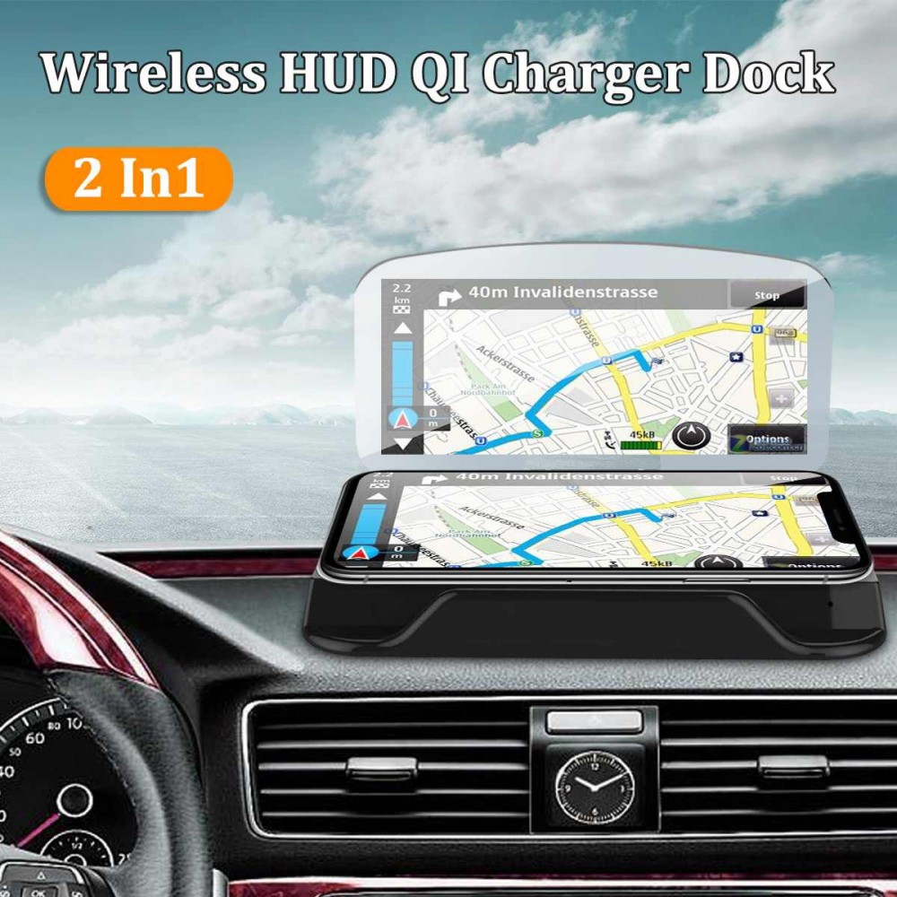 2 In1 Wireless Car HUD QI Charger Head Up Navigation Display Phone Charging Dock Fast Navigation Projection Less 6.5 Inch Degree