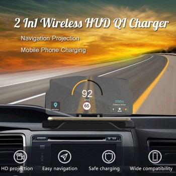 2 In1 Wireless Car HUD QI Charger Head Up Navigation Display Phone Charging Dock Fast Navigation Projection Less 6.5 Inch Degree