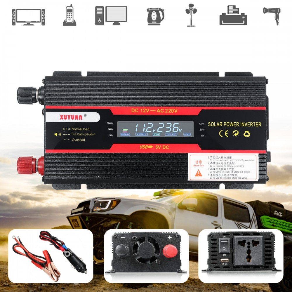 KROAK Car Inverter 1000W 12V 220V P eak Power Inverter Voltage Convertor Transformer 12V/24V To 110V/220V Inversor LCD Display
