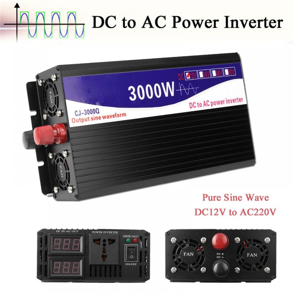 3000W Car Vehicle Power Inverter 12V DC To 220V AC Pure Sine Wave Converter Auto Transmitter Transformer Power Supply Inverter