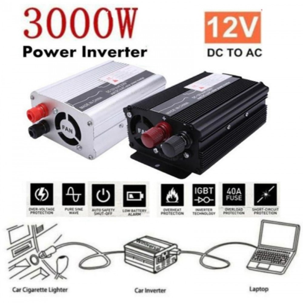 3000W 12V DC to 220V 110VAC Modified Sine Wave Car Solor Power Inverter Converter USB Battery Charger 2 Mini Fuse