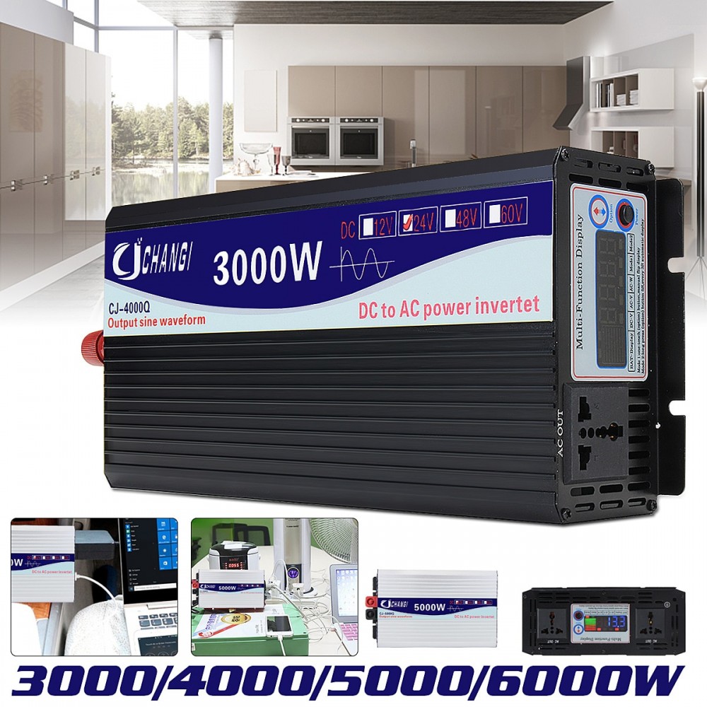3000/4000/5000/6000W Portable 24V to AC 220V Power Solar Inverter Pure Sine Wave Converter Adapter LCD Screen 93% Conversion