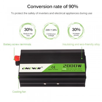2000W Car Power Inverter Converter DC 12V to AC 220V Modified Sine Wave Power USB Charger Intelligent Temperature Control