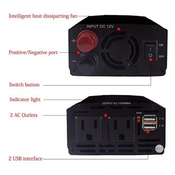 500W Auto Power Inverter DC 12V To AC 110V/220V  Car Converter With 4.2A Dual Usb And 2 Ac Outlets For Smartphones, Tablet