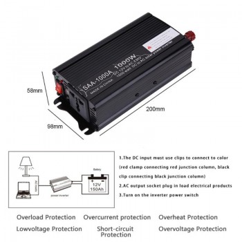 VODOOL Car Inverters 2000W Peak Car Power Inverter DC 12V/24V to AC 220V Charger Converter Black Continuous output power 500W