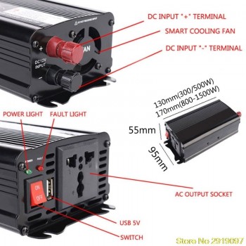 Solar Continuous Inverter 12V DC To 220V AC Modified Sine Wave Converter Car Inverter Power Switch On-board Charger