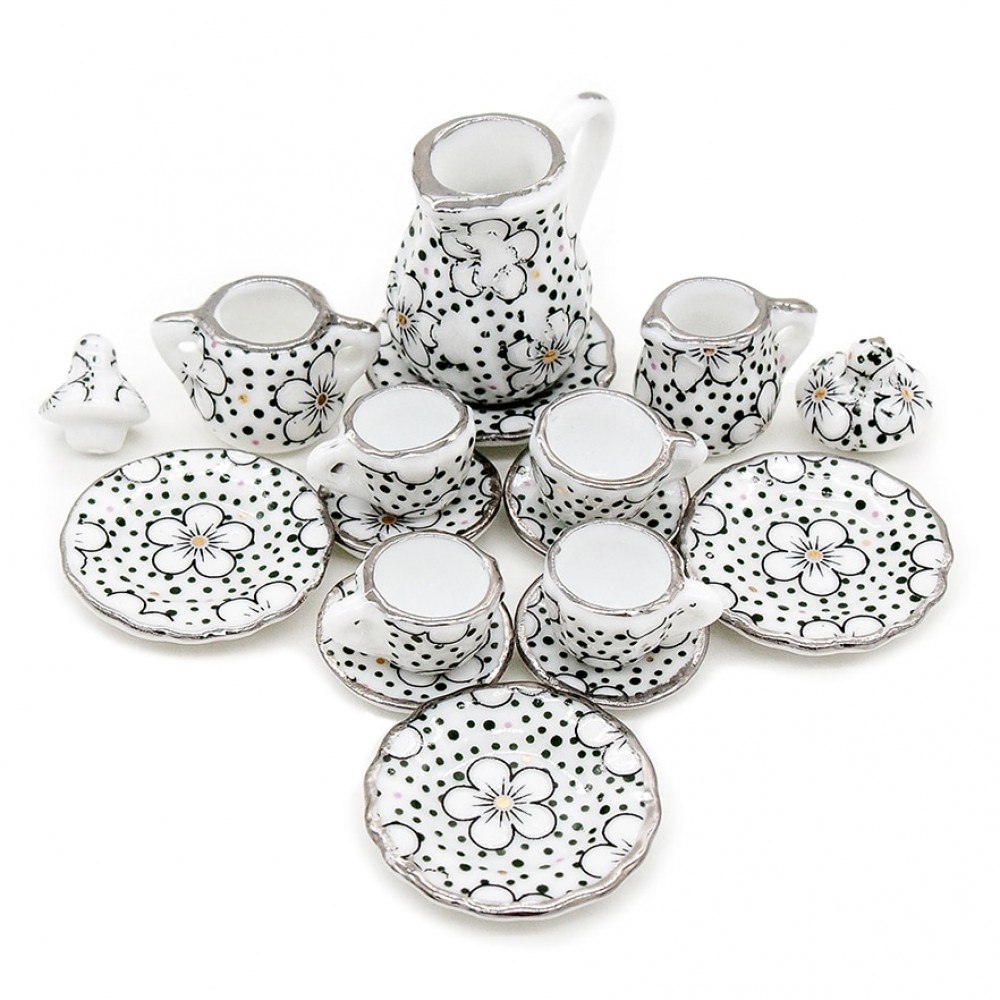 Odoria 1:12 Miniature 15pcs Porcelain Tea Cup Set Chintz Flower Tableware Kitchen Dollhouse (12 Patterns for your choice)