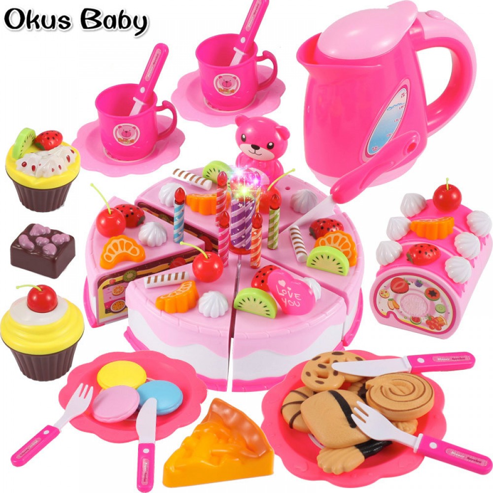 Newest DIY Pretend Play Fruit Cutting Birthday Cake Kitchen Food Toys Cocina De Juguete Toy Pink Blue Girls Gift for Children
