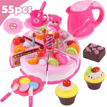 Newest DIY Pretend Play Fruit Cutting Birthday Cake Kitchen Food Toys Cocina De Juguete Toy Pink Blue Girls Gift for Children