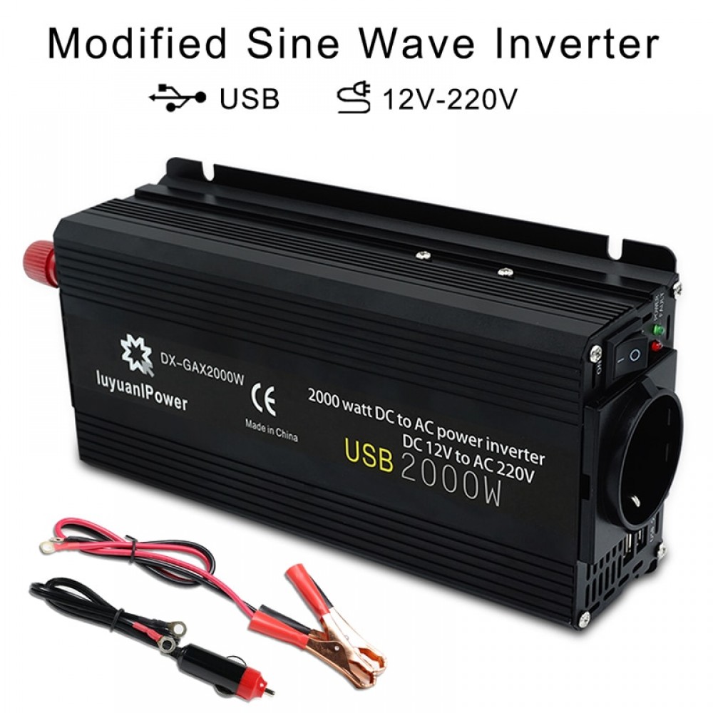 Dual USB 2000W Watt DC 12V to AC 230V Portable Car Power Inverter Charger Converter Adapter DC 12 to AC 230 Modified Sine Wave